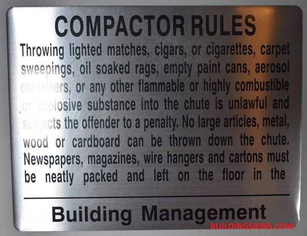 COMPACTOR RULES SIGN (ALUMINUM SIGNS 8.5X11)