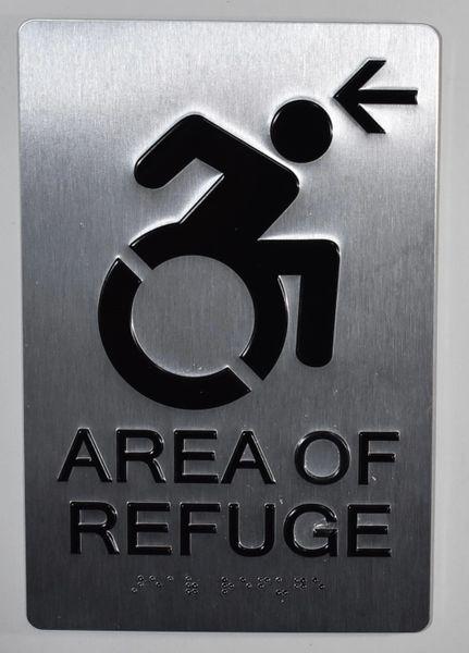 AREA OF REFUGE LEFT SIGN – SILVER - BRAILLE(ALUMINUM SIGNS 9X6)