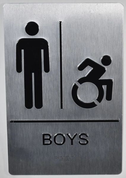 BOYS ACCESSIBLE RESTROOM SIGN- SILVER- BRAILLE (ALUMINUM SIGNS 9X6)
