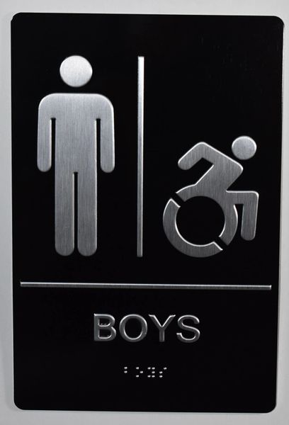 BOYS ACCESSIBLE RESTROOM SIGN- BLACK- BRAILLE (ALUMINUM SIGNS 9X6)
