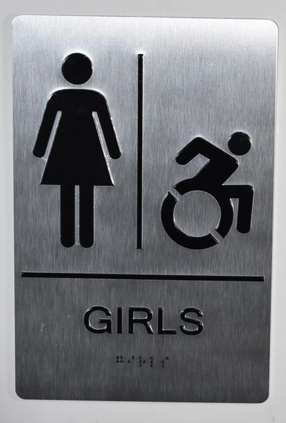 GIRLS ACCESSIBLE RESTROOM SIGN- SILVER- BRAILLE (ALUMINUM SIGNS 9X6)