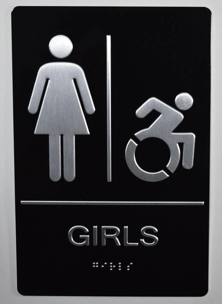 GIRLS ACCESSIBLE RESTROOM SIGN- SILVER- BRAILLE (ALUMINUM SIGNS 9X6)