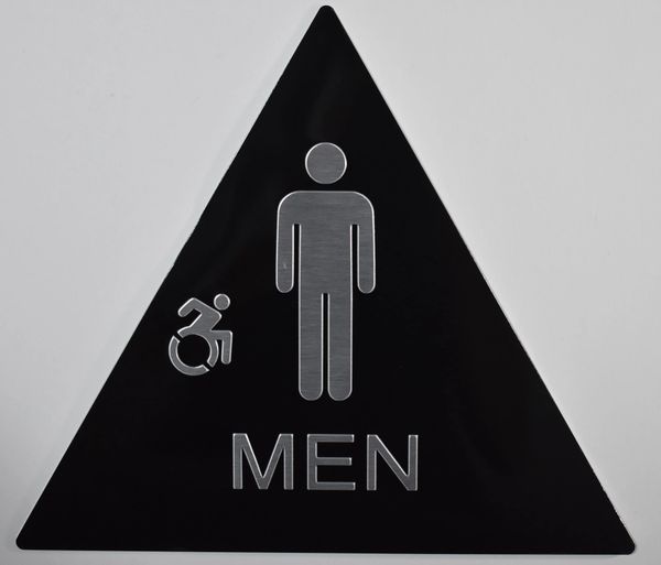 MEN ACCESSIBLE RESTROOM SIGN-BLACK- BRAILLE (ALUMINUM SIGNS 12X12X12, TRIANGLE)