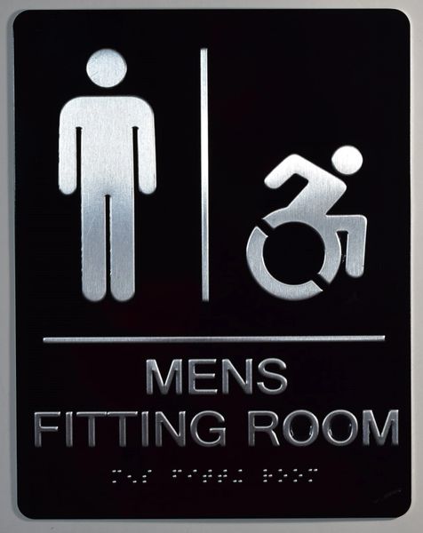 MENS ACCESSIBLE FITTING ROOM SIGN-BLACK- BRAILLE (ALUMINUM SIGNS 9X6)