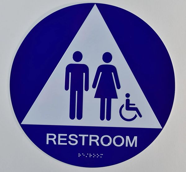 UNISEX ACCESSIBLE RESTROOM SIGN- BLUE- BRAILLE (ALUMINUM SIGNS ,12 INCH DIAMETER, CIRLCE)