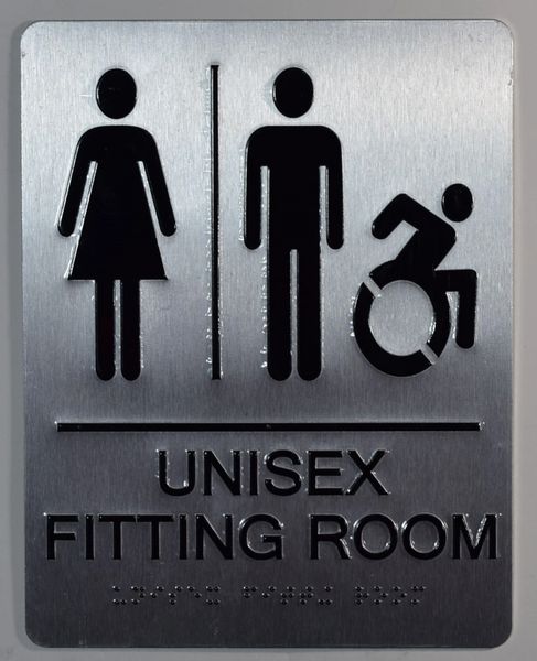 UNISEX ACCESSIBLE FITTING ROOM SIGN-SILVER- BRAILLE (ALUMINUM SIGNS 9X6)