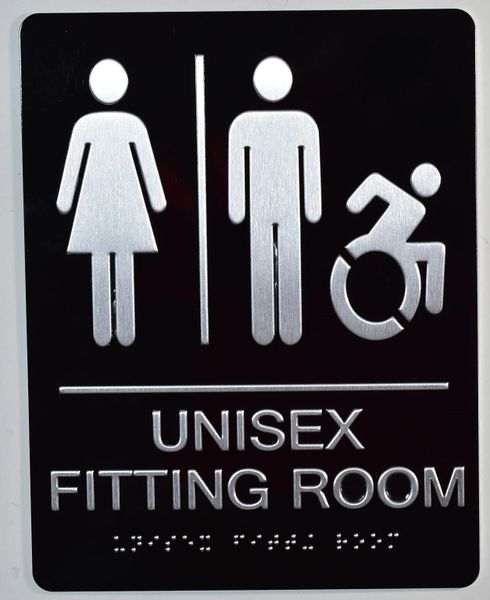 UNISEX ACCESSIBLE FITTING ROOM SIGN-BLACK- BRAILLE (ALUMINUM SIGNS 9X6)