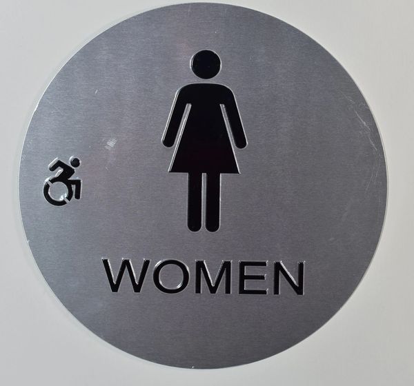 WOMEN ACCESSIBLE RESTROOM Sign - SILVER (ALUMINUM SIGNS 12 INCH DIAMETER, CIRCLE)