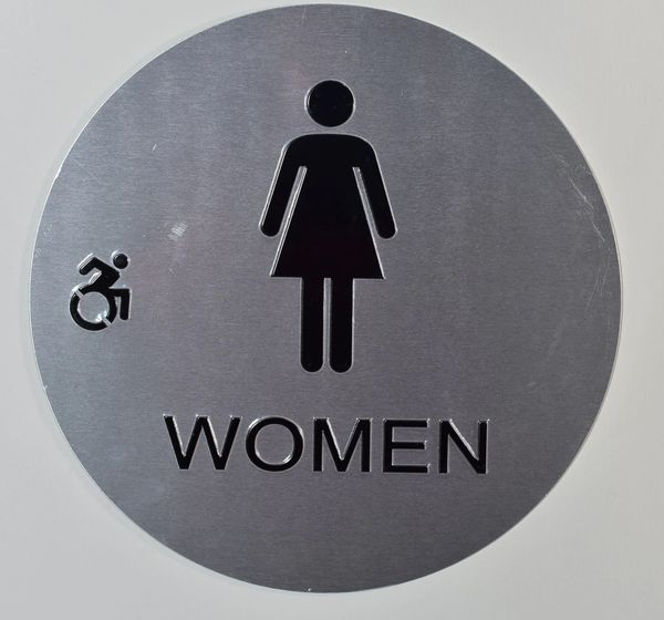 WOMEN ACCESSIBLE RESTROOM Sign - SILVER (ALUMINUM SIGNS 12 INCH DIAMETER, CIRCLE)
