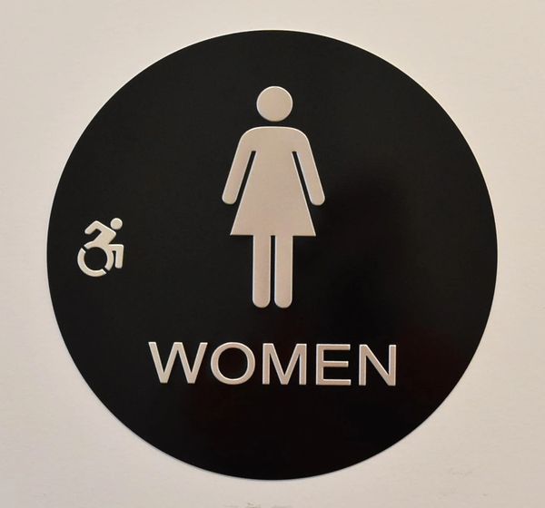 WOMEN ACCESSIBLE RESTROOM Sign - SILVER (ALUMINUM SIGNS 12 INCH DIAMETER, CIRCLE)