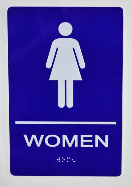 WOMEN Restroom Sign- BLUE- BRAILLE (ALUMINUM SIGNS 9X6)