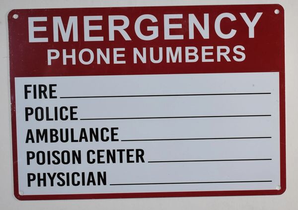 EMERGENCY PHONE NUMBERS SIGN - WHITE ALUMINUM (ALUMINUM SIGNS 7X10)