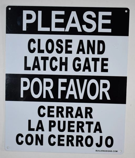 PLEASE CLOSE AND LATCH GATE SIGN- WHITE ALUMINUM (ALUMINUM SIGNS 12X10)