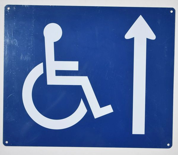 WHEELCHAIR ACCESS AHEAD SIGN- BLUE BACKGROUND (ALUMINUM SIGNS 10X12)