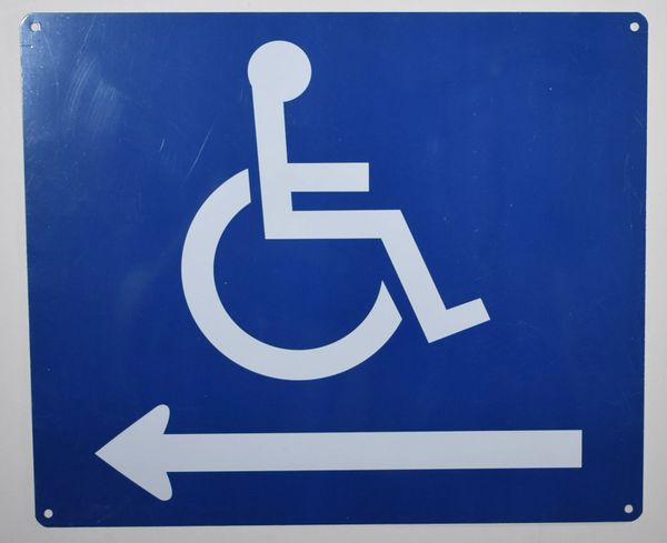 WHEELCHAIR ACCESS LEFT SIGN- BLUE BACKGROUND (ALUMINUM SIGNS 10X12)
