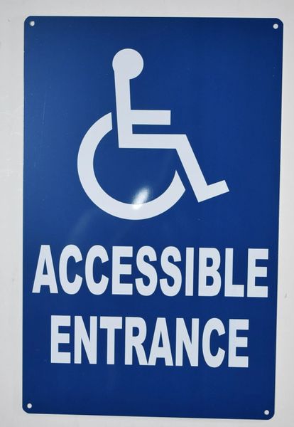 ACCESSIBLE ENTRANCE SIGN- BLUE BACKGROUND (ALUMINUM SIGNS 14X9)