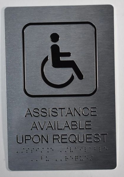 ASSISTANCE AVAILABLE UPON REQUEST SIGN-SILVER- BRAILLE (ALUMINUM SIGNS 9X6)- The Sensation Line- Tactile Touch Braille Sign