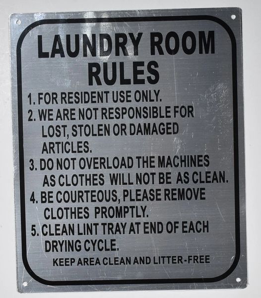 LAUNDRY ROOM RULES SIGN – BRUSHED ALUMINUM (ALUMINUM SIGNS 14X10)