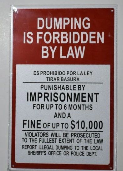 DUMPING IS FORBIDDEN BY LAW SIGN (ALUMINUM SIGNS 14X9)