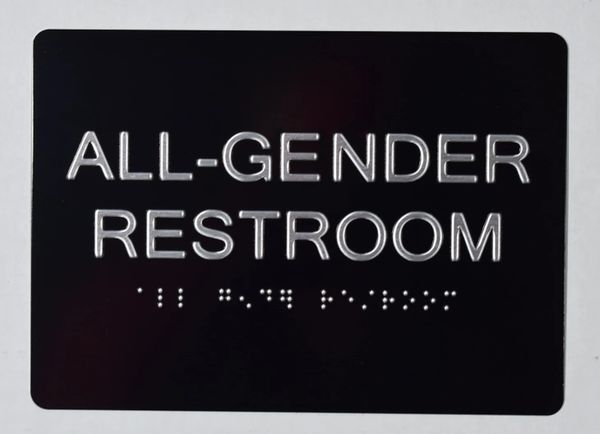 ALL- GENDER RESTROOM SIGN- BRAILLE- BLACK (ALUMINUM SIGNS 5X7)-The sensation line- Tactile Touch Braille Sign