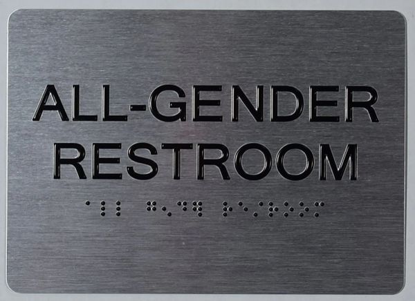 ALL- GENDER RESTROOM SIGN- BRAILLE- SILVER (ALUMINUM SIGNS 5X7)-The sensation line- Tactile Touch Braille Sign