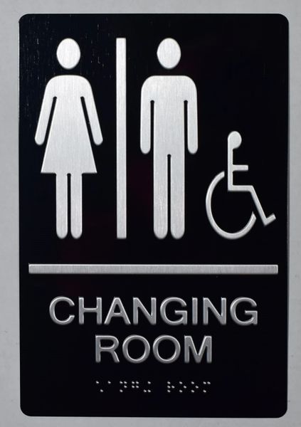 CHANGING ROOM SIGN-BLACK- BRAILLE (ALUMINUM SIGNS 9X6)-The sensation line- Tactile Touch Braille Sign