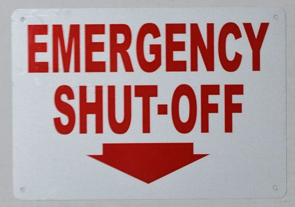 EMERGENCY SHUT-OFF SIGN- DOWNWARDS ARROW- WHITE BACKGROUND (ALUMINUM SIGNS 7X10)