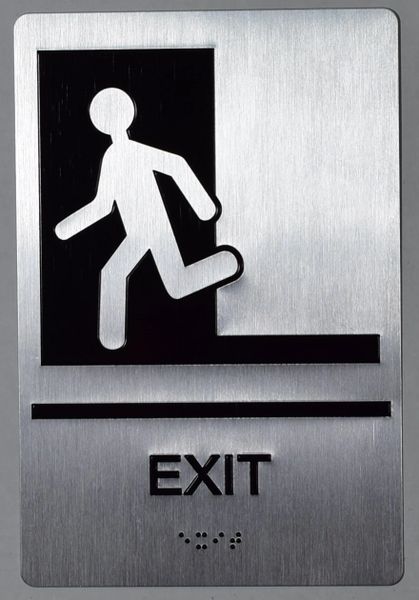 EXIT SIGN- SILVER- BRAILLE (ALUMINUM SIGNS 9X6)-The sensation line- Tactile Touch Braille Sign