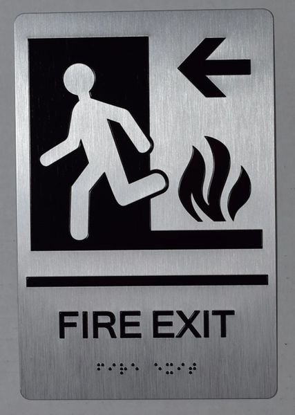 FIRE EXIT LEFT SIGN- BRAILLE (ALUMINUM SIGNS 9X6)-The sensation line- Tactile Touch Braille Sign