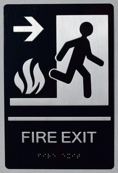 FIRE EXIT RIGHT SIGN- BLACK- BRAILLE (ALUMINUM SIGNS 9X6)-The sensation line- Tactile Touch Braille Sign