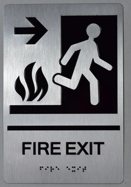 FIRE EXIT RIGHT SIGN- SILVER- BRAILLE (ALUMINUM SIGNS 9X6)-The sensation line- Tactile Touch Braille Sign