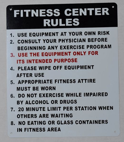 FITNESS CENTER RULES SIGN (ALUMINUM SIGNS 14X10)