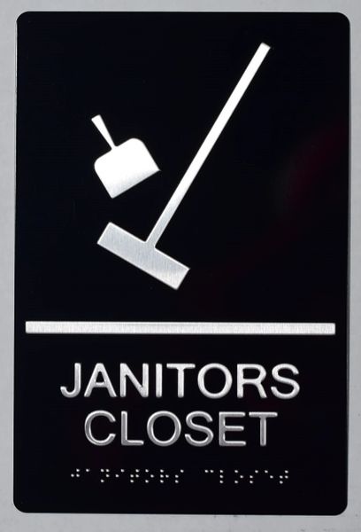 JANITORS CLOSET SIGN- BRAILLE- BLACK (ALUMINUM SIGNS 9X6)- The sensation line- Tactile Touch Braille Sign