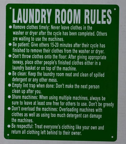 LAUNDRY ROOM RULES SIGN – GREEN (ALUMINUM SIGNS 14X10)