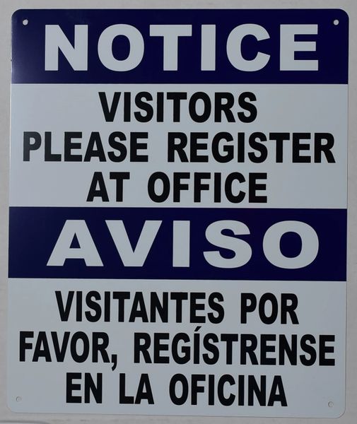 NOTICE VISITORS PLEASE REGISTER AT OFFICE SIGN (ALUMINUM SIGNS 12X10)