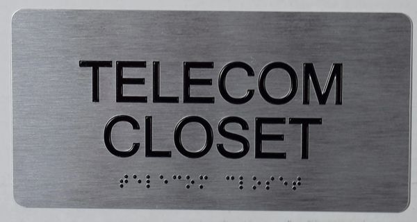 TELECOM CLOSET SIGN- SILVER- BRAILLE (ALUMINUM SIGNS 4X8)-The sensation line- Tactile Touch Braille Sign