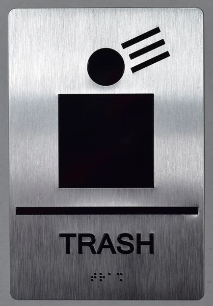 TRASH SIGN- SILVER- BRAILLE (ALUMINUM SIGNS 9X6)- The Sensation Line- Tactile Touch Braille Sign