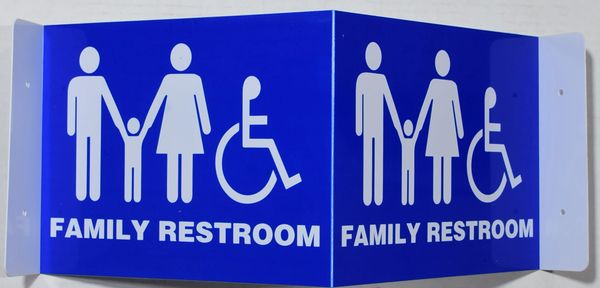 3D FAMILY RESTROOM SIGN- BLUE (3D projection signs 9X7)- Les Deux cotes line