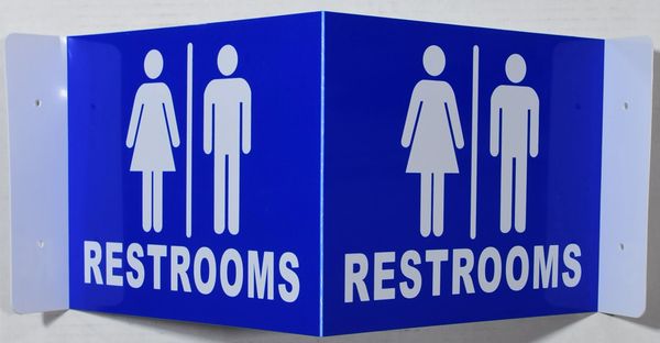 3D RESTROOMS SIGN- BLUE BACKGROUND (3D projection signs 9X7)- Les Deux cotes line