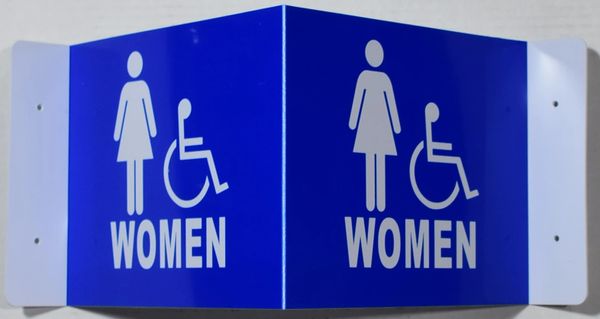 3D WOMEN ACCESSIBLE RESTROOM SIGN- BLUE BACKGROUND (3D projection signs 9X7)- Les Deux cotes line