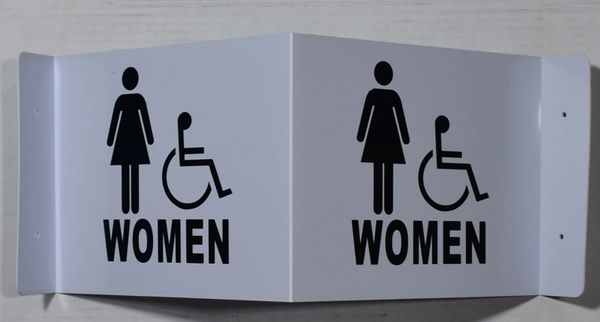 3D WOMEN ACCESSIBLE RESTROOM SIGN- WHITE BACKGROUND (3D projection signs 9X7)- Les Deux cotes line