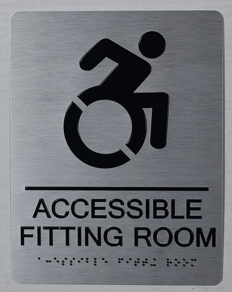 ACCESSIBLE FITTING ROOM SIGN- SILVER- BRAILLE (ALUMINUM SIGNS 9X6)-The sensation line- Tactile Touch Braille Sign