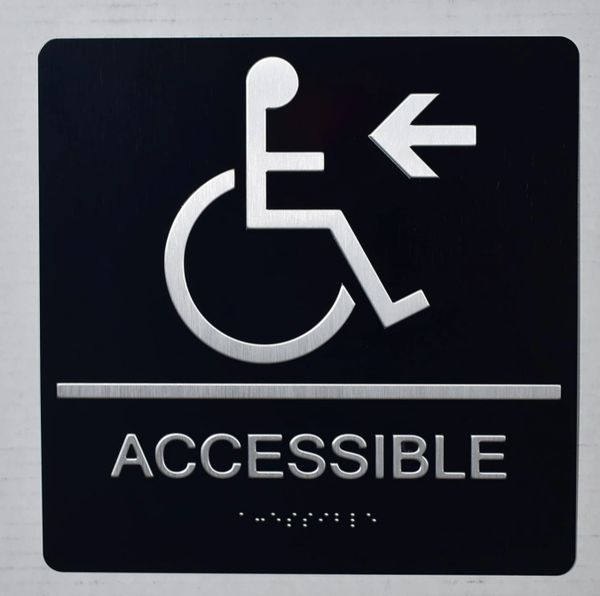 ACCESSIBLE LEFT SIGN - BLACK- BRAILLE (ALUMINUM SIGNS 9X9)- The Sensation Line- Tactile Touch Braille Sign