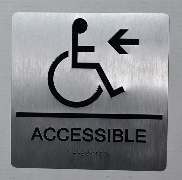 ACCESSIBLE LEFT SIGN - SILVER- BRAILLE (ALUMINUM SIGNS 9X9)- The Sensation Line- Tactile Touch Braille Sign
