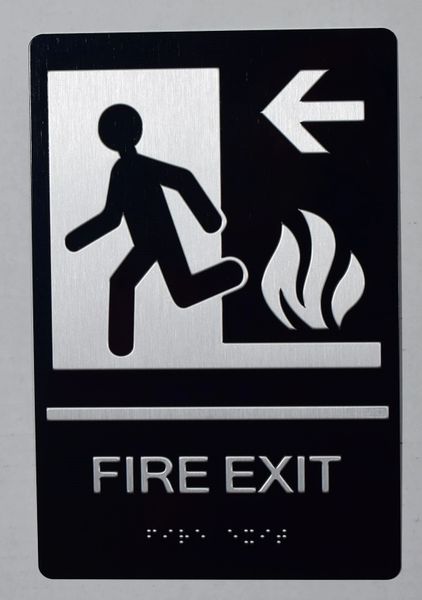 FIRE EXIT LEFT SIGN- BLACK- BRAILLE (ALUMINUM SIGNS 9X6)- THE SENSATION LINE- Tactile Touch Braille Sign