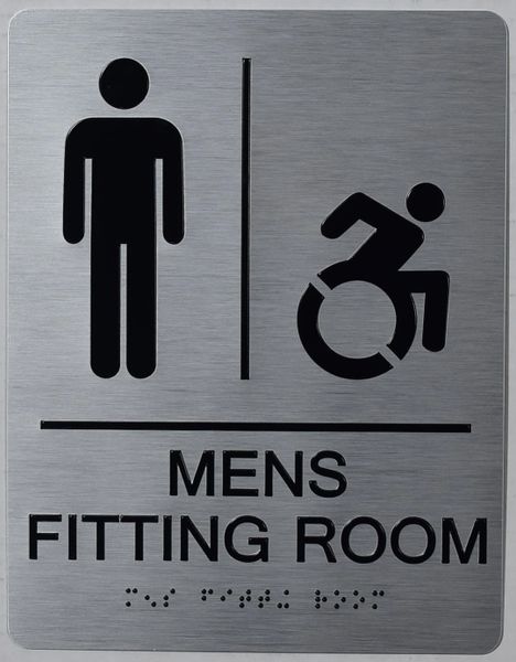 MENS ACCESSIBLE FITTING ROOM SIGN- SILVER- BRAILLE (ALUMINUM SIGNS 9X6)- THE SENSATION LINE- Tactile Touch Braille Sign