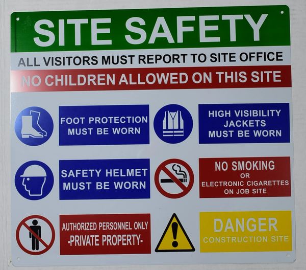 SITE SAFETY SIGN- ALL VISITORS MUST REPORT TO SITE OFFICE (ALUMINUM SIGNS 14.25X15.75)