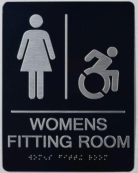 WOMENS ACCESSIBLE FITTING ROOM SIGN-BLACK- BRAILLE (ALUMINUM SIGNS 9X6)
