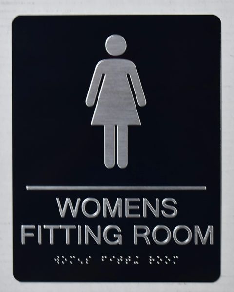 WOMENS FITTING ROOM SIGN-BLACK- BRAILLE (ALUMINUM SIGNS 9X6)