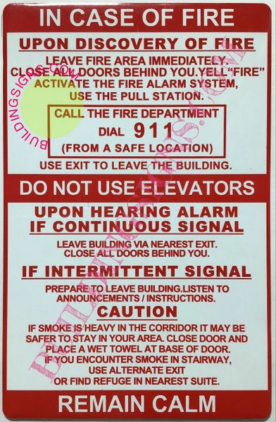 IN CASE OF INTERMITTENT FIRE ALARM SIGN (ALUMINUM SIGNS 8.5x5.5)